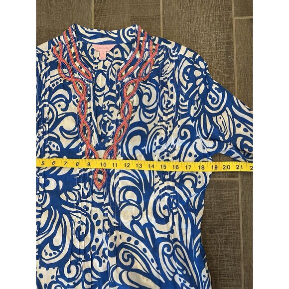 Lilly Pulitzer Sarasota Beaded Tunic Size Medium Cotton Blue V Neck Paisley - Picture 5 of 11